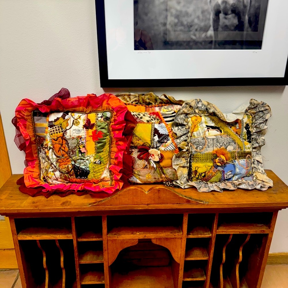3 Vintage Artisan Crazy Quilt Patchwork Pillows